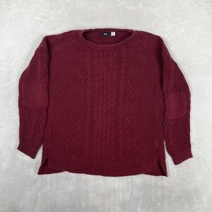 BDG Sweater Womens M Red Cable Knit Elbow Patch Pullover Side Slit Crew Neck